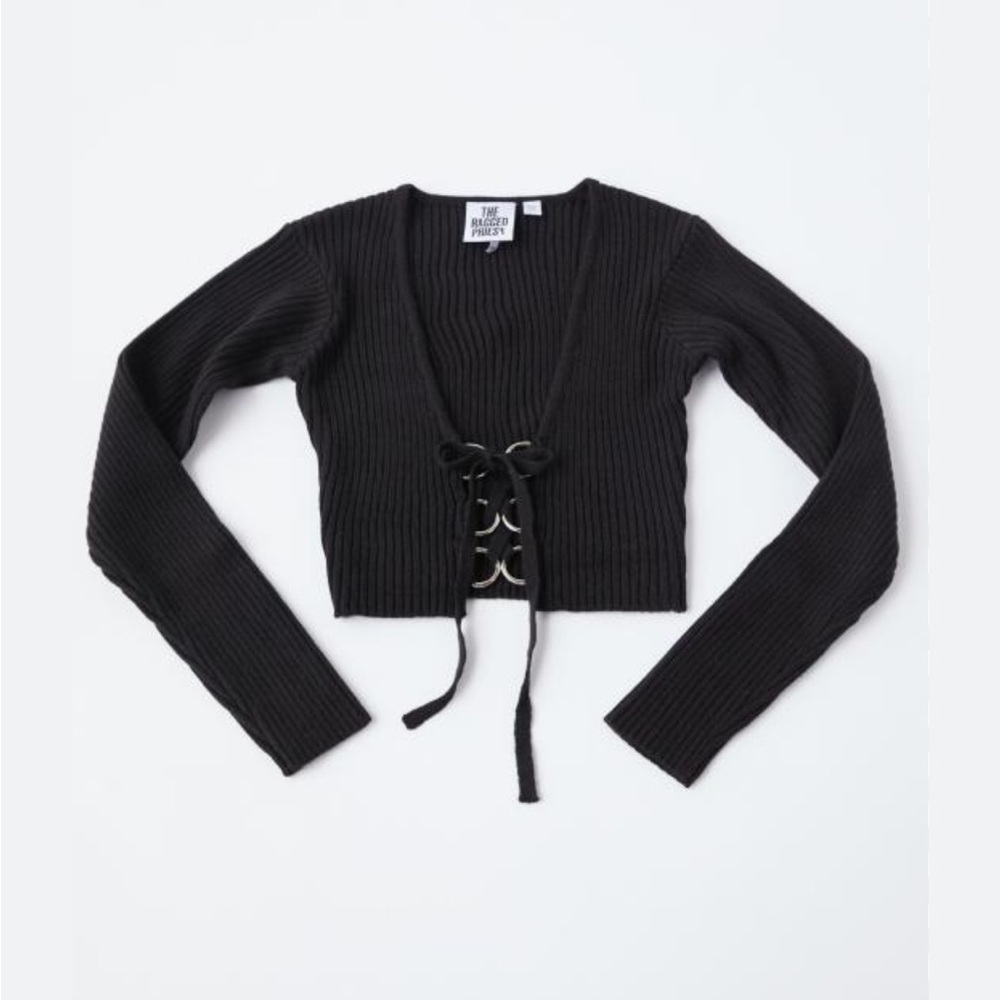 THE RAGGEST PRIEST BLACK D-RING LACE UP TOP / CARDIGAN SWEATER. Size M - Picture 2 of 11